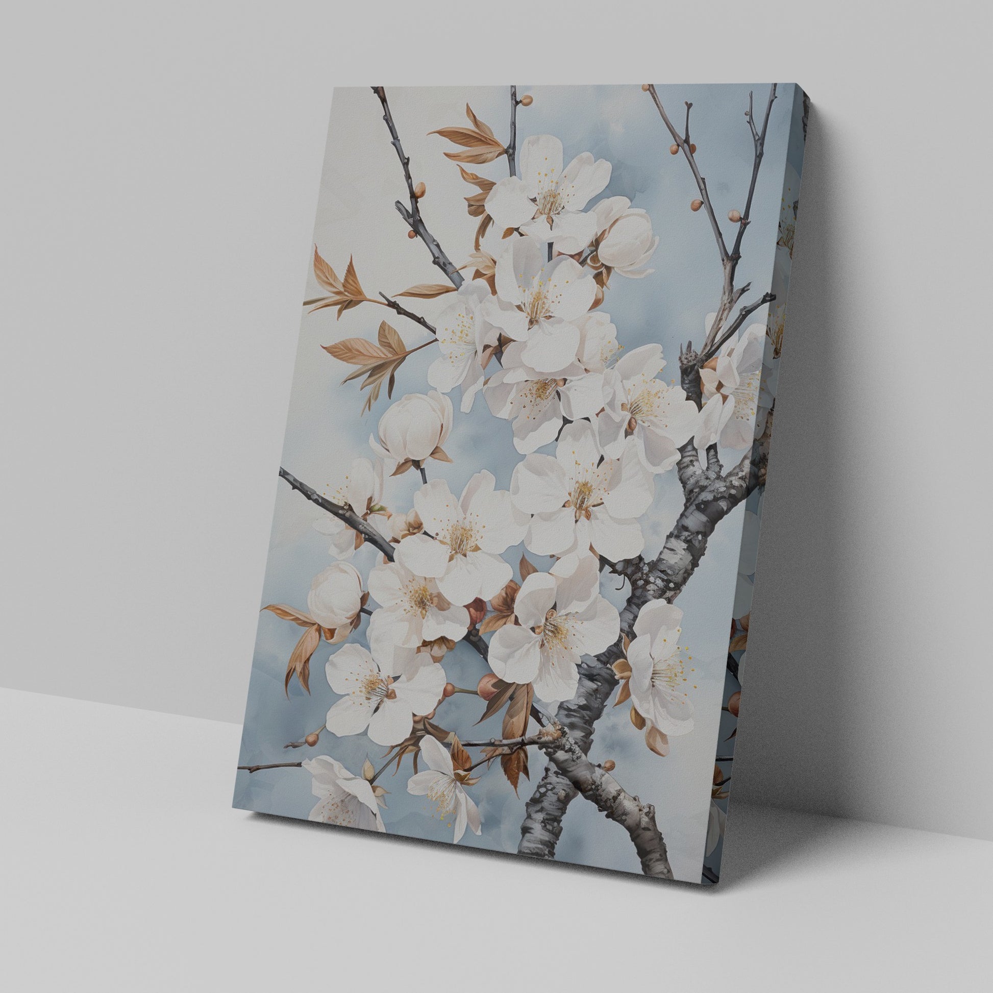 Framed canvas print of realistic cherry blossoms on a serene sky blue background