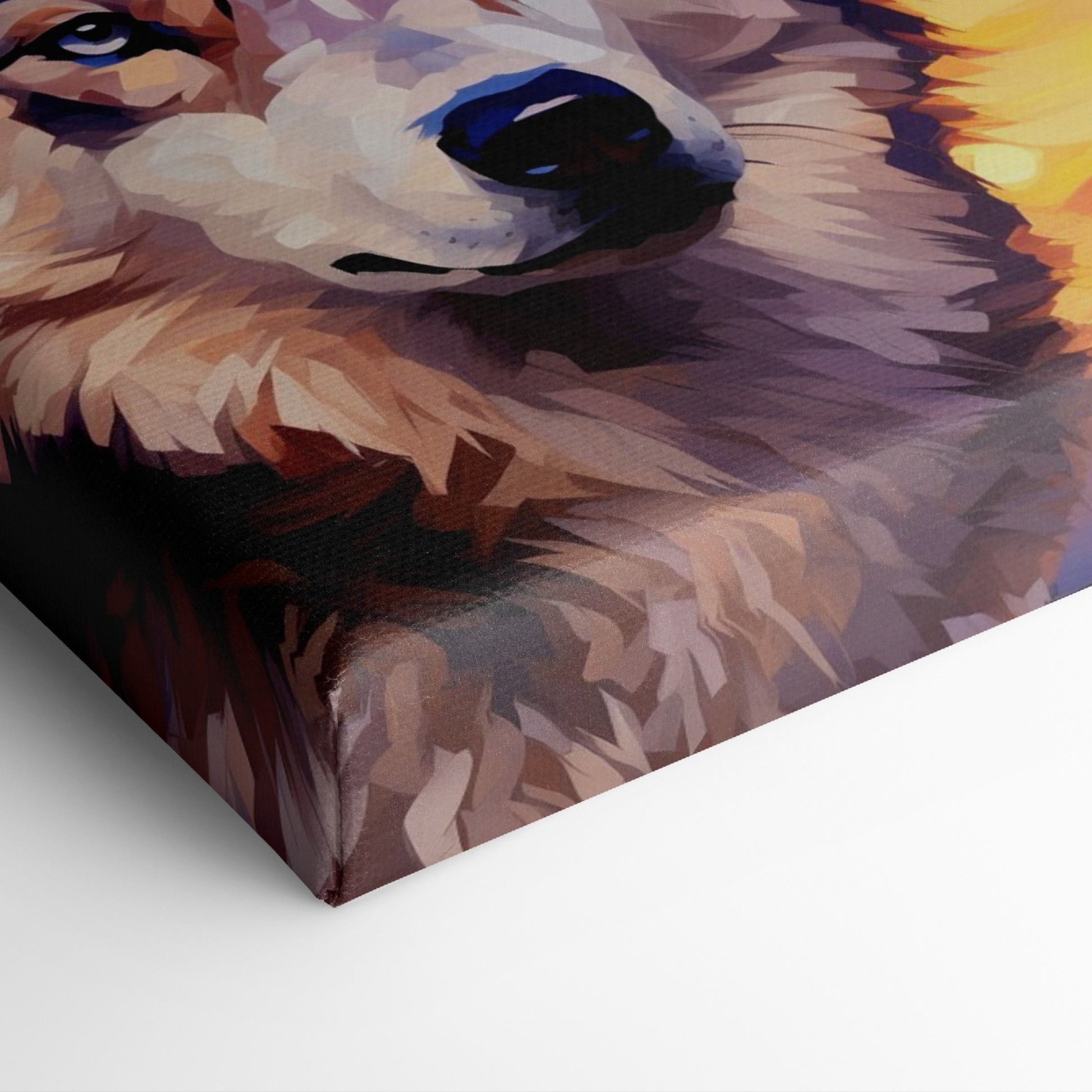 Framed canvas print of a stylized geometric husky against a colourful sunset