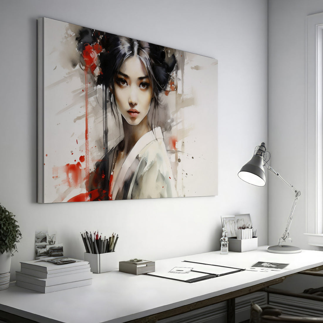 Framed canvas print of ethereal geisha in modern ink style with red accents