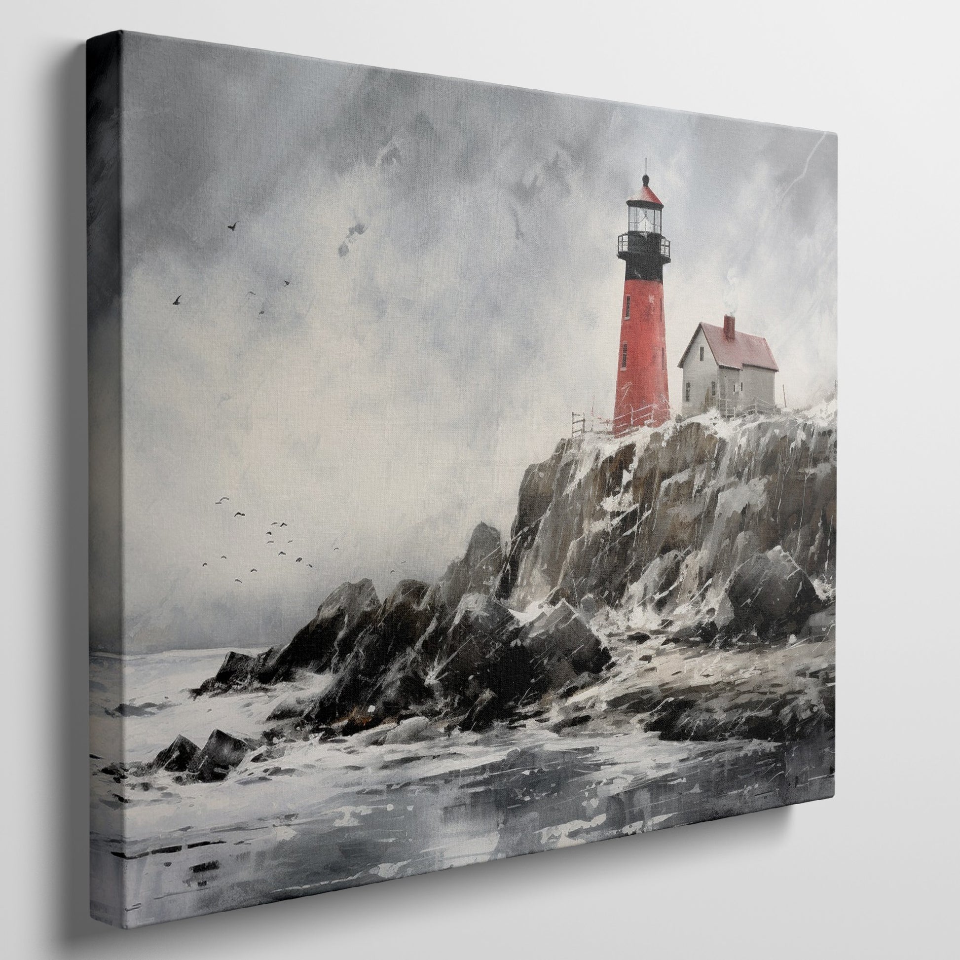 Red lighthouse on stormy cliff with ocean waves and birds, in a painted style