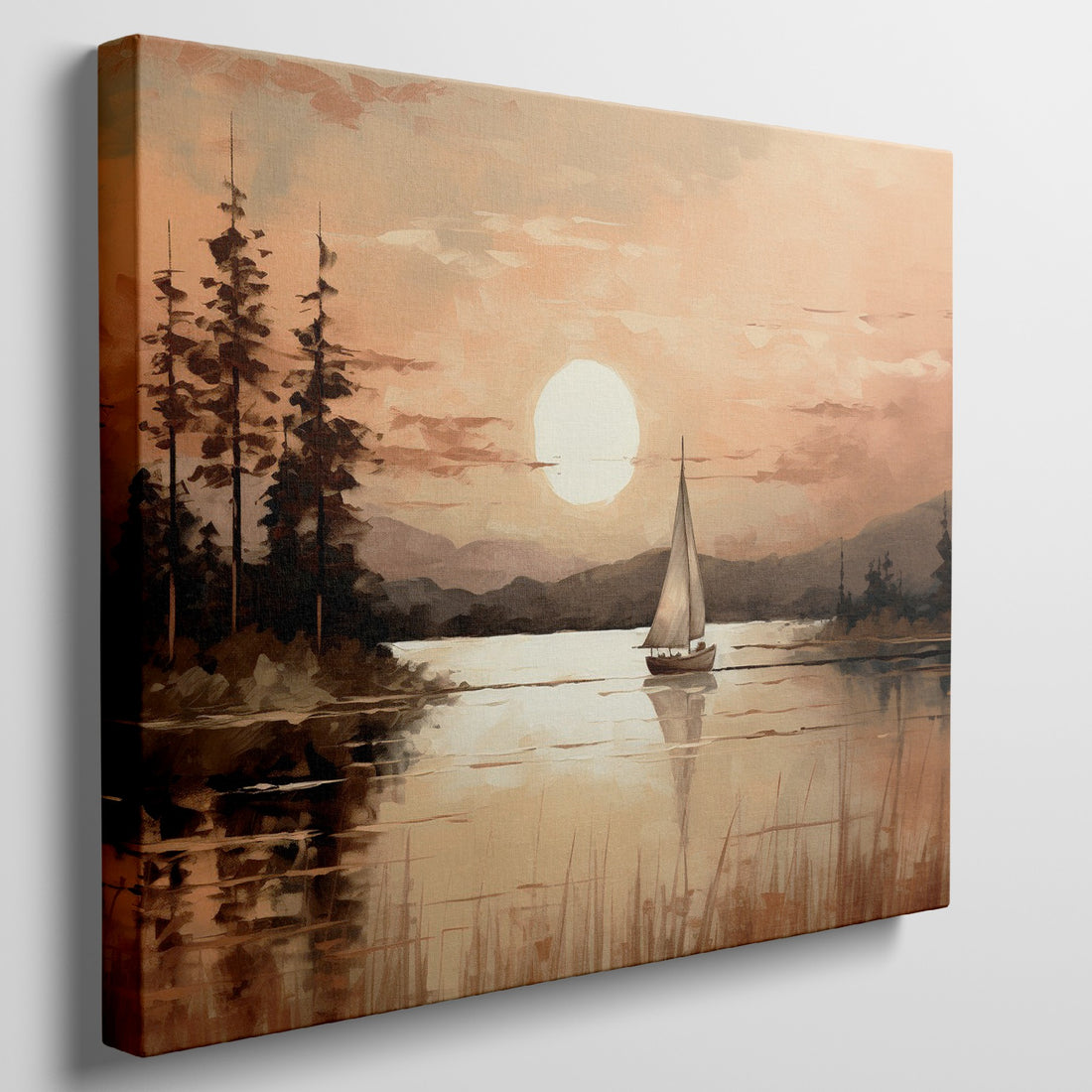 Impressionistic canvas artwork of a sailboat on a calm lake at sunset with orange sky and tree silhouettes