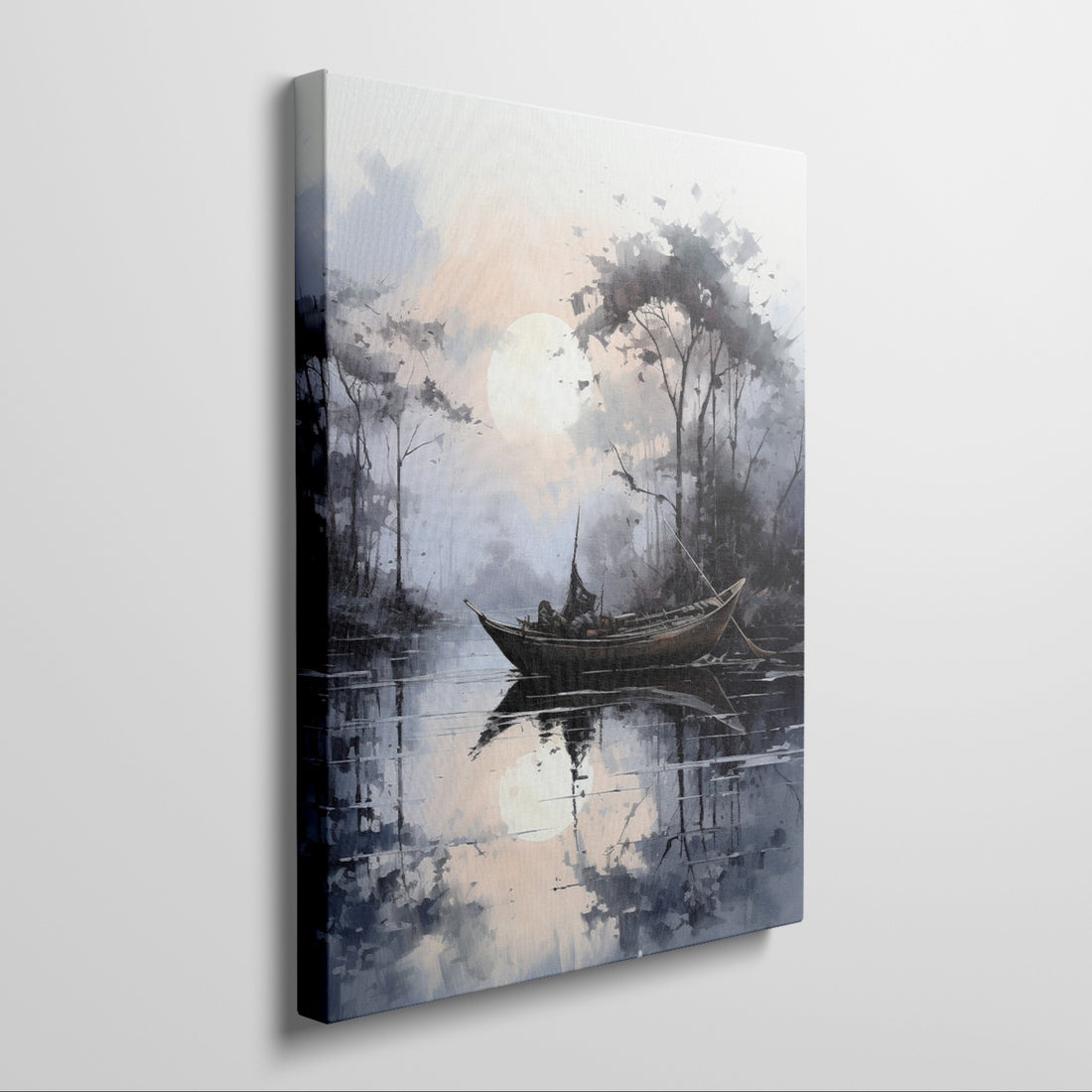 Framed canvas print of a watercolor landscape featuring a sunset, a boat, and reflections on a tranquil lake