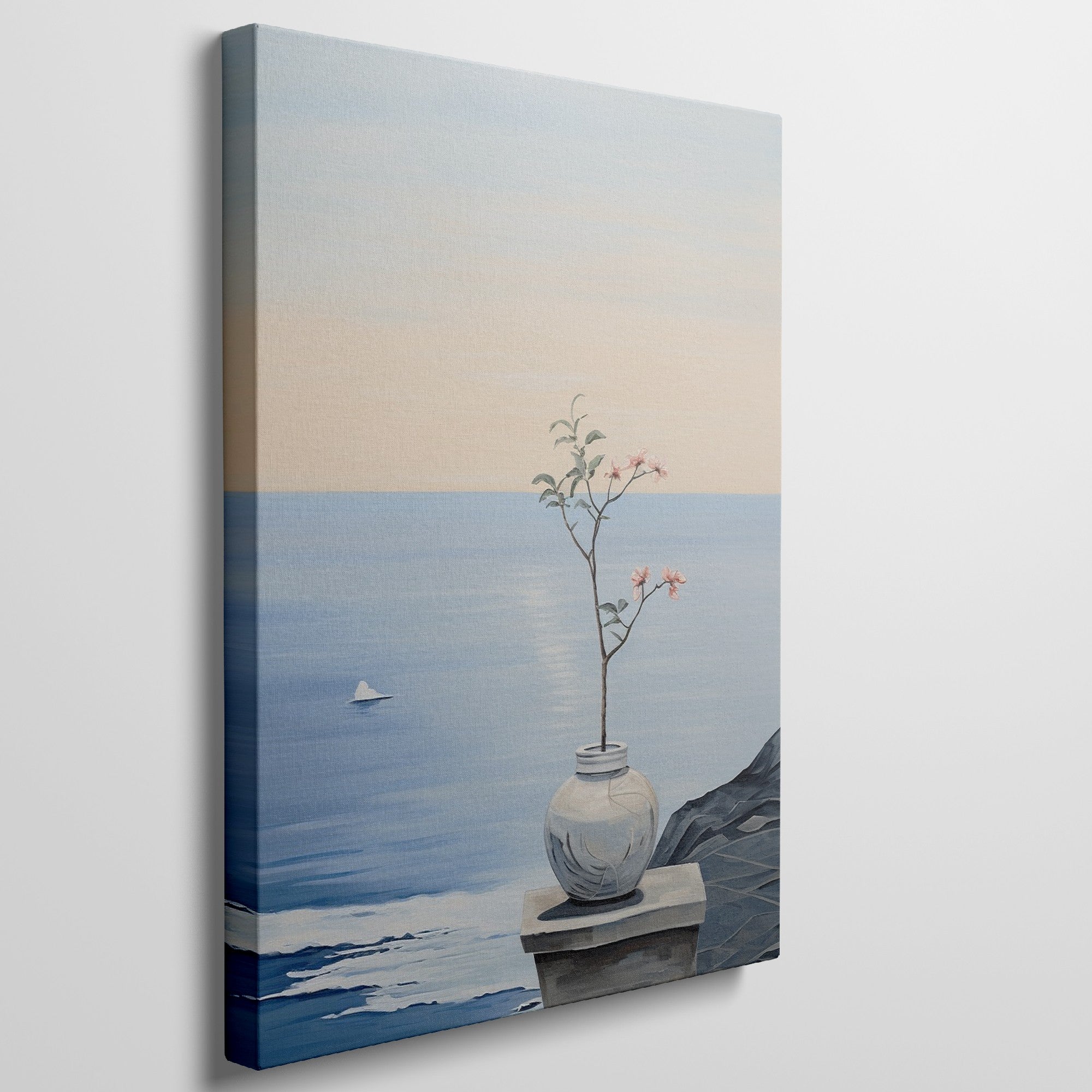 Canvas print of a tranquil ocean view with a blossoming plant in a vase on a ledge