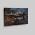 Framed canvas print of a vintage WWII fighter plane on a reflective rainy tarmac