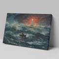 Framed canvas print of a stormy seascape with a lighthouse beacon and a boat at sea, featuring expressive brushstrokes and a dramatic red and blue colour scheme