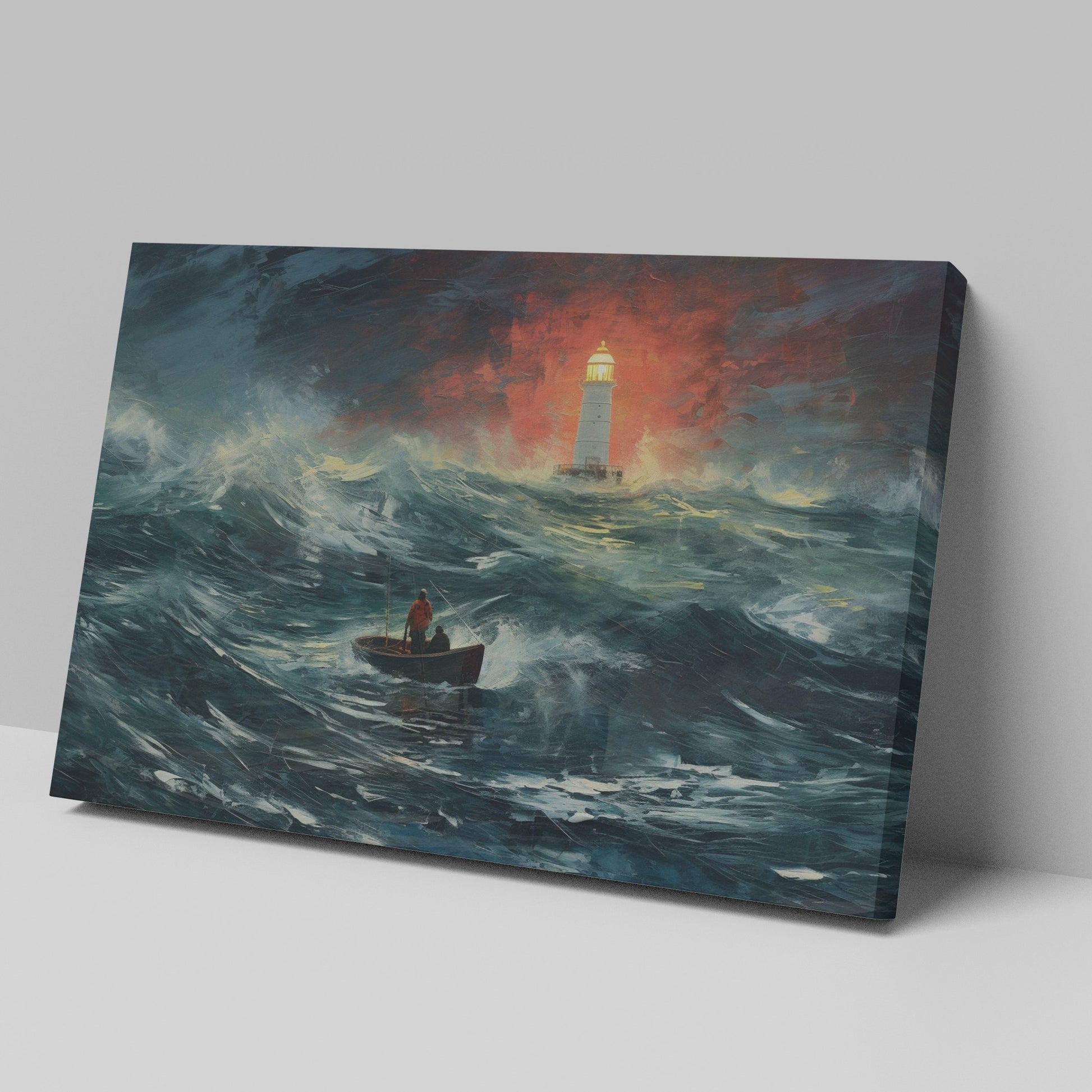 Framed canvas print of a stormy seascape with a lighthouse beacon and a boat at sea, featuring expressive brushstrokes and a dramatic red and blue colour scheme