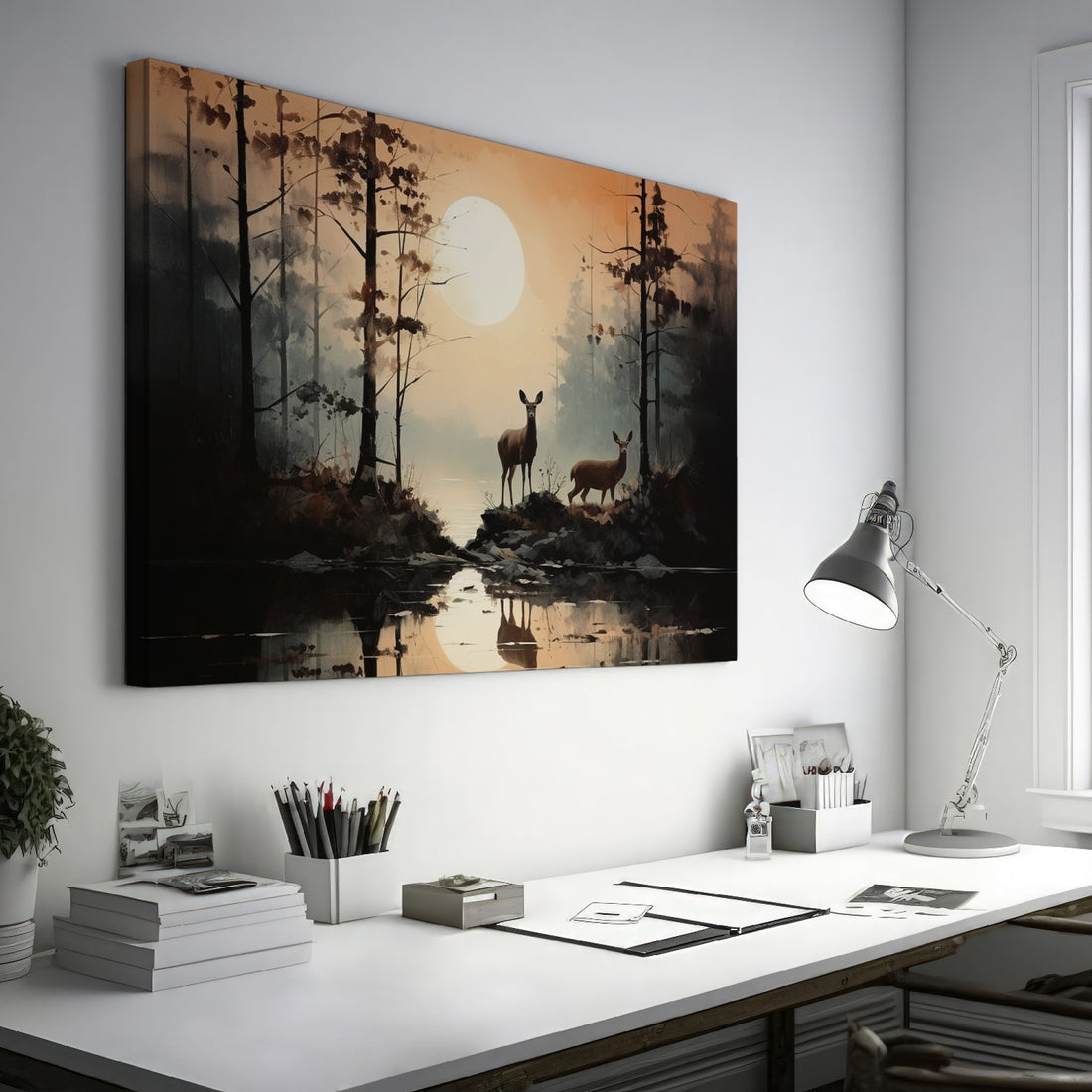 Framed canvas print of serene forest scenery with deer and sunset