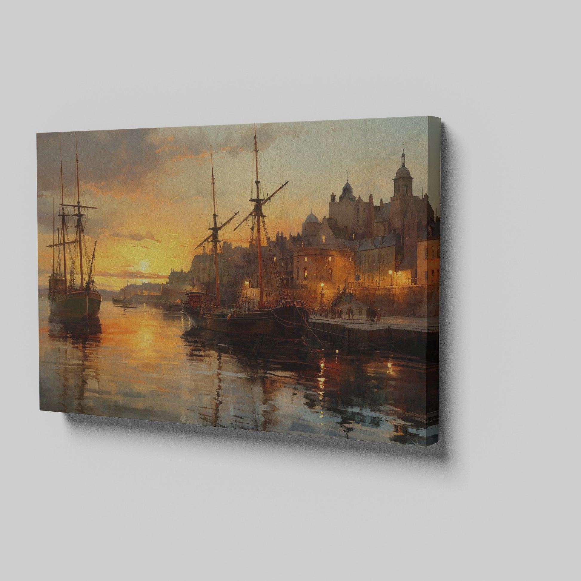 Framed canvas print of a sunset over a historic harbour with vintage ships