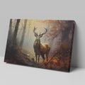 Framed canvas print of a majestic stag in an autumn forest with golden light filtering through the trees