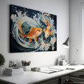 Framed canvas print of two vibrant koi fish with dynamic water movements in a Japanese style illustration