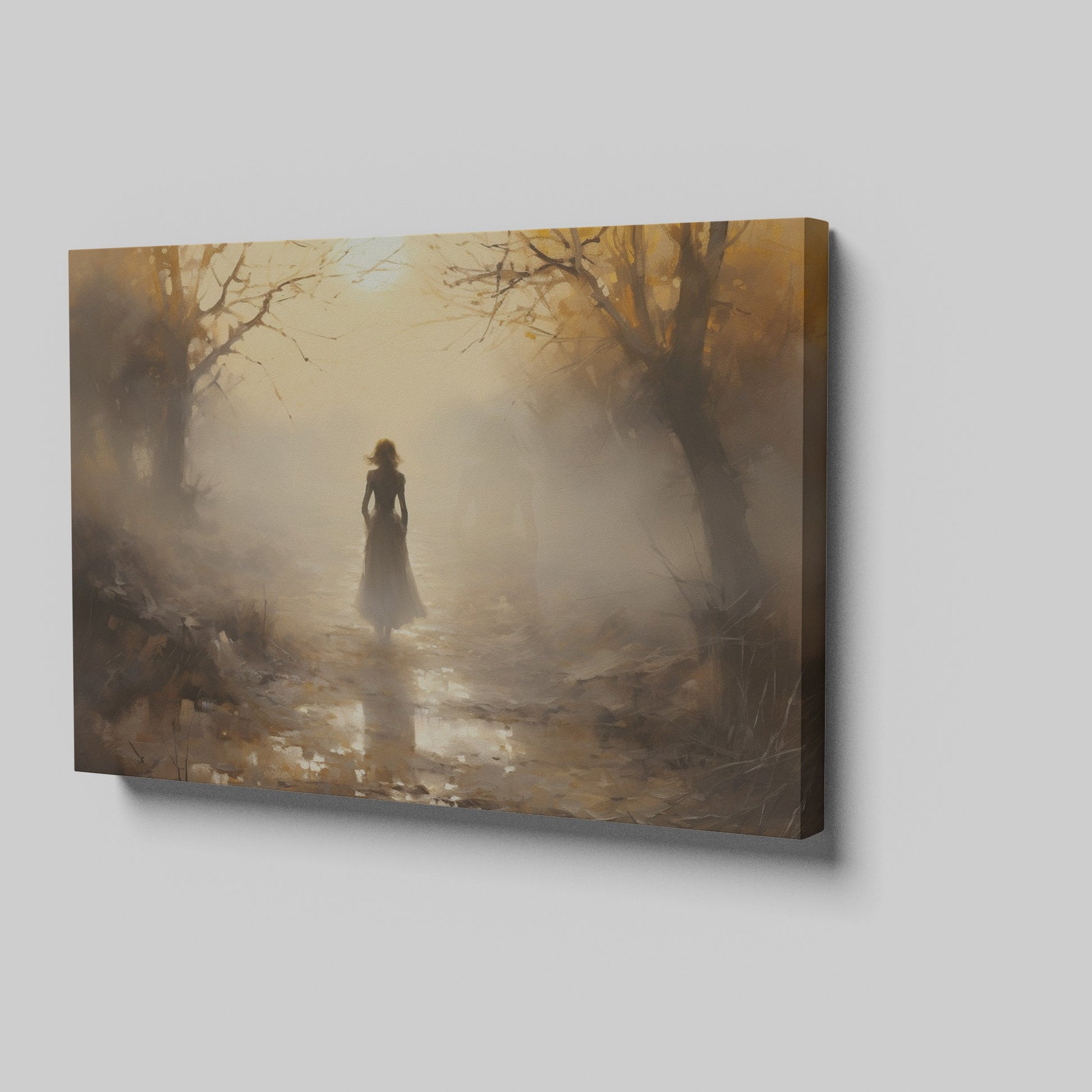 Framed canvas print of a mystical autumnal pathway with a silhouette of a woman walking, surrounded by golden trees and a soft fog.