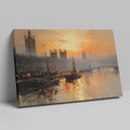 Framed canvas print of a sunset over the River Thames with London skyline and boats in impressionist style