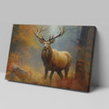 Framed canvas print of a majestic stag standing in an autumn forest with vibrant foliage