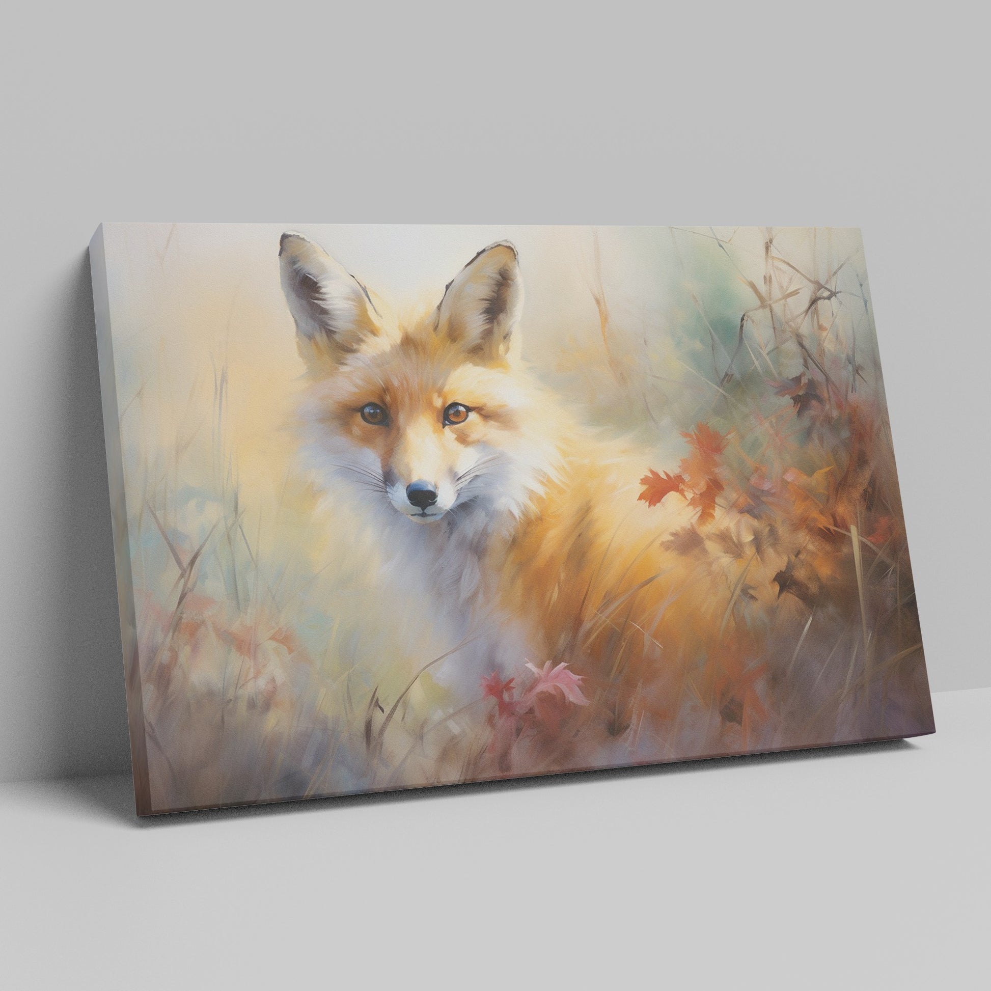 Framed canvas print of an autumn fox in a rustic impressionistic style with warm amber and ochre tones