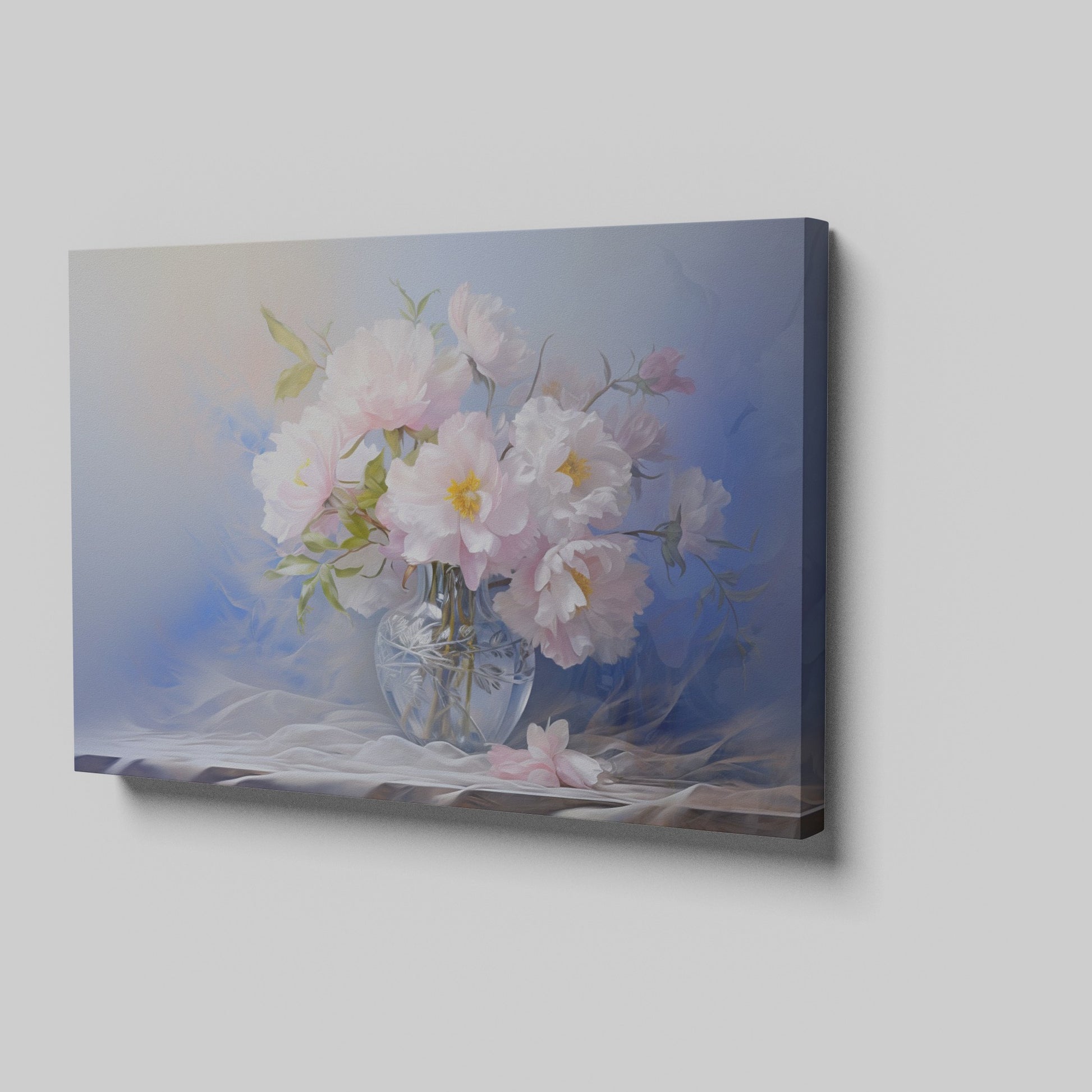 Framed canvas print of elegant pink peonies in an ornate glass vase portrayed with soft pastel colors