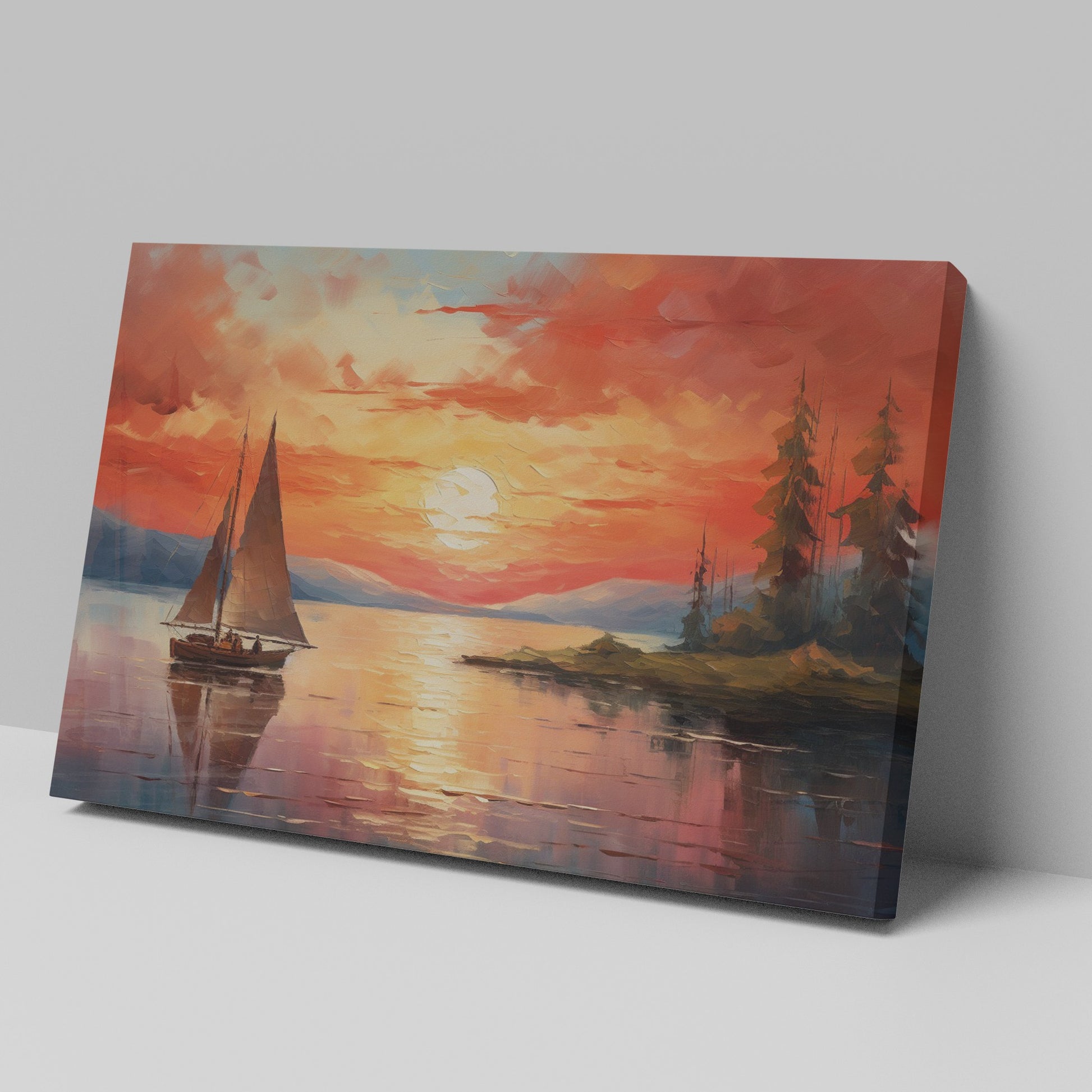 Framed canvas print of a sailboat sailing at sunset with vibrant sky and reflective water