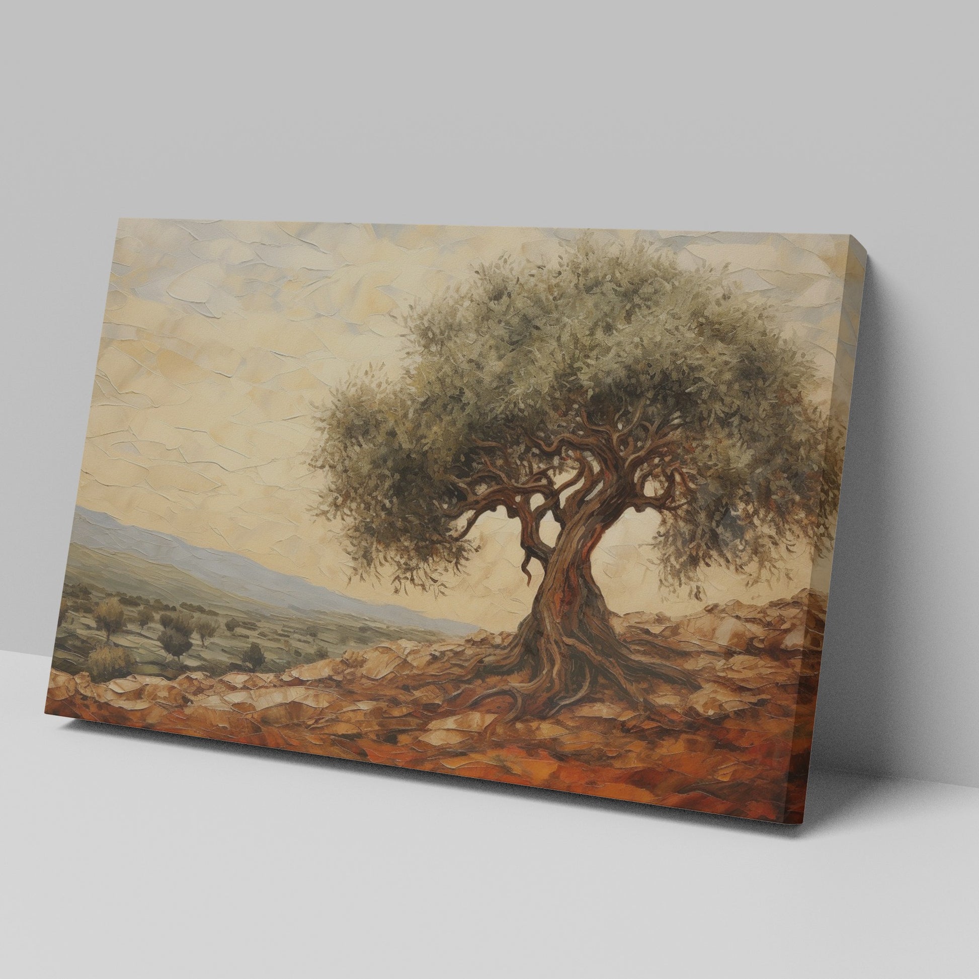 Framed canvas print of a stylised olive tree in a rustic Mediterranean landscape with warm terracotta and olive green tones