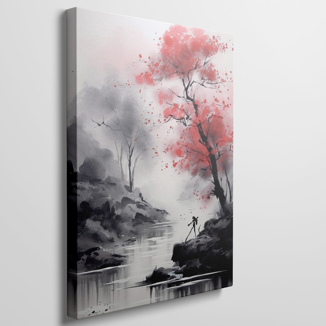 Framed canvas print of an ink wash painting featuring a bold red tree against a tranquil monochrome river landscape