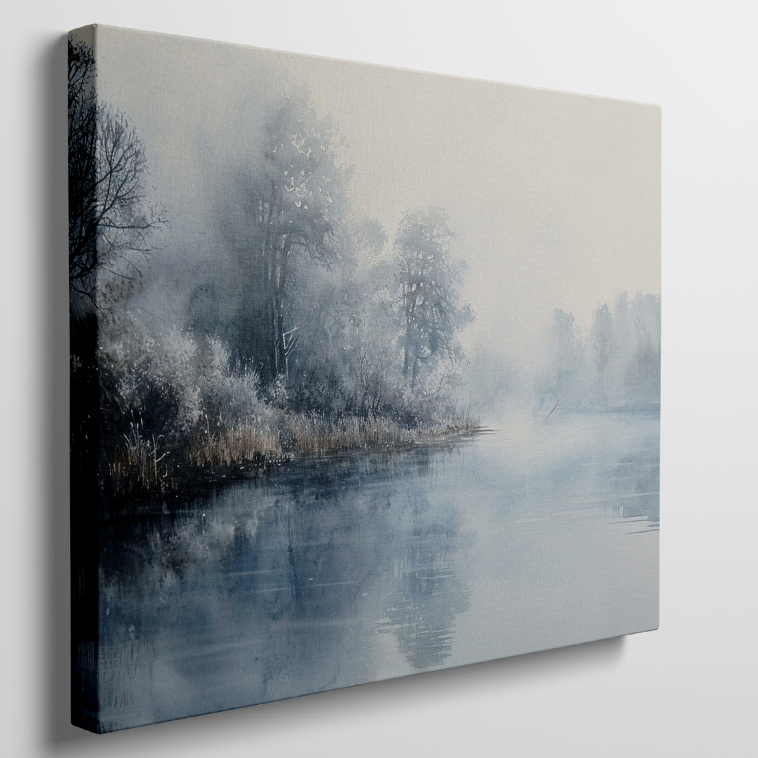 Framed canvas print of a tranquil blue misty woodland landscape reflected in water