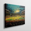 Framed canvas print of an impressionist painting capturing a football match at sunset with a cheering crowd