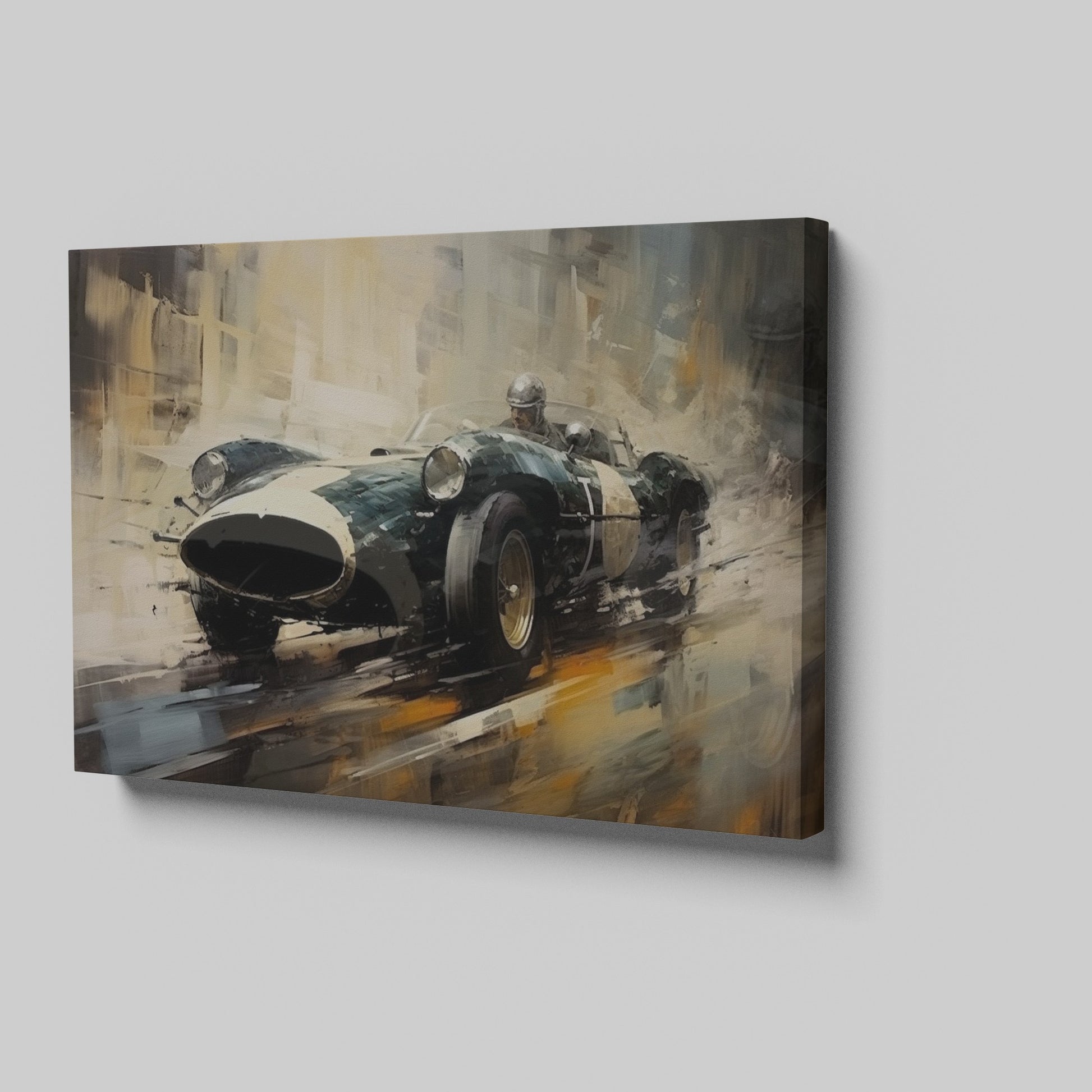 Framed canvas print of a vintage race car depicted in vibrant, artistic style