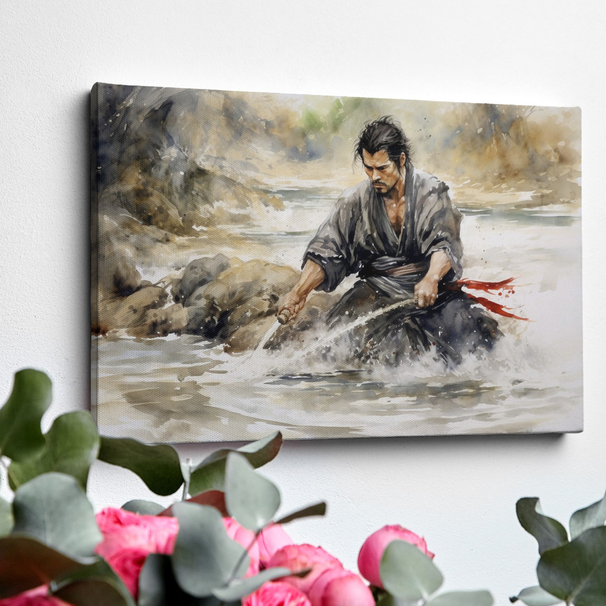 Framed canvas print of a Japanese Samurai warrior in battle stance with a katana sword, depicted in watercolour style