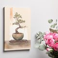 Illustrated bonsai tree with green foliage in a brown bowl on a beige background