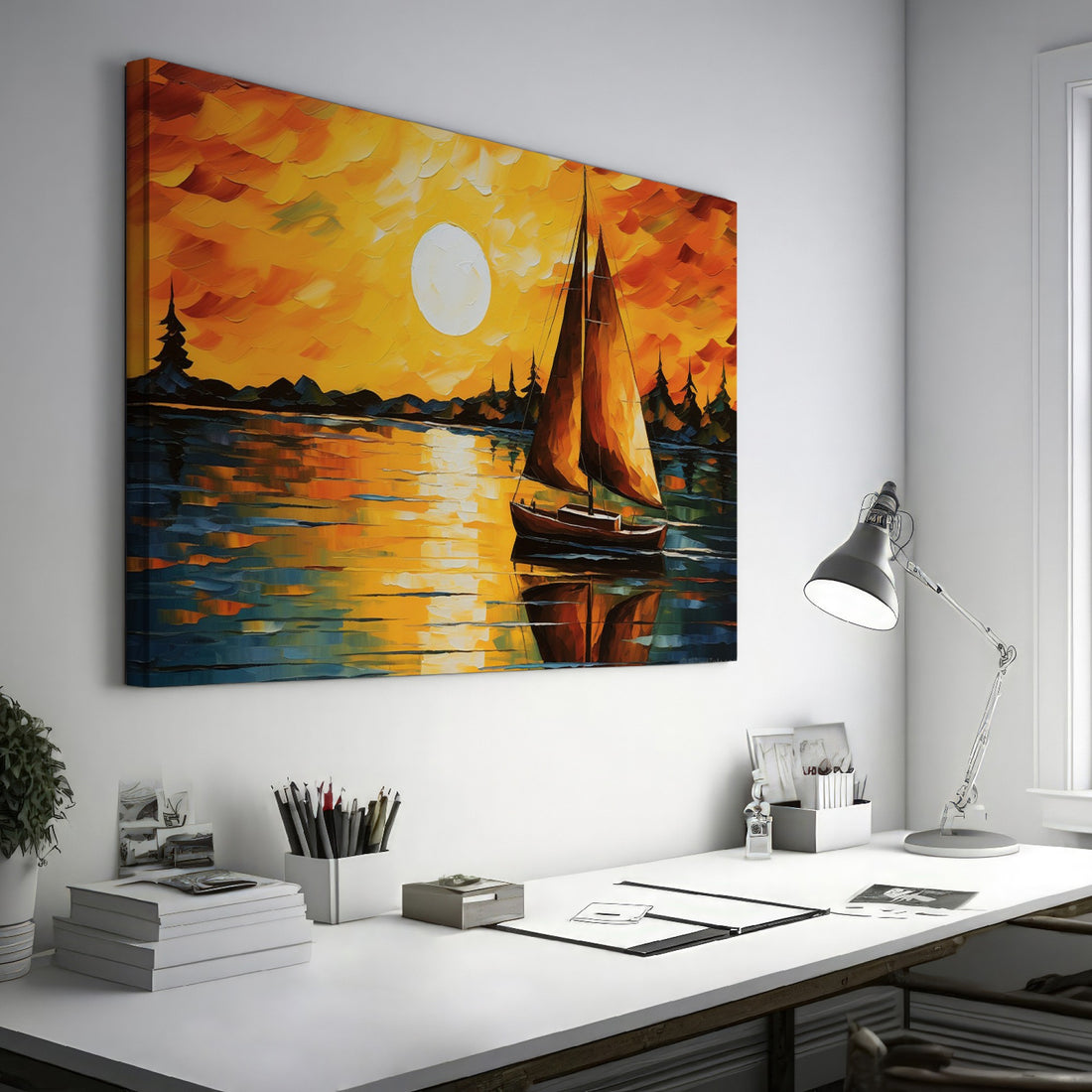 Oil painting of a sailboat with brown sails on reflective water at sunset with orange and yellow sky