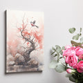 Watercolour painting of a bird in flight by a blossoming tree with red splashes and calm water reflections.