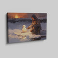 Framed canvas print of a person building a snowman at sunset with a winter landscape