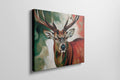 Framed canvas print of an impressionist stag portrait with vibrant red and green tones