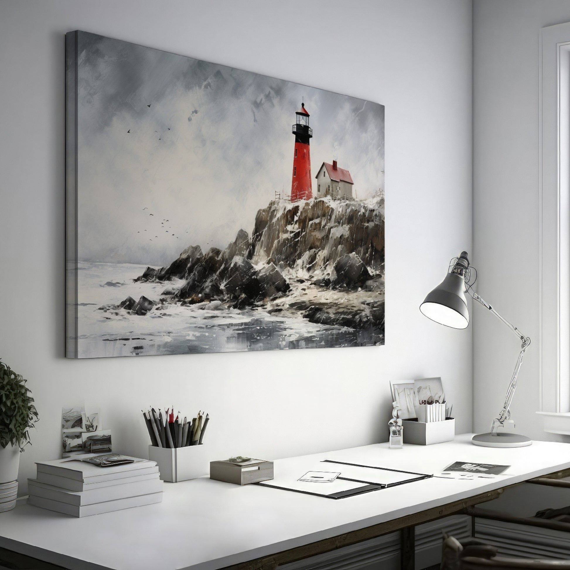 Red lighthouse on stormy cliff with ocean waves and birds, in a painted style