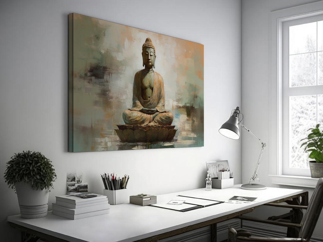 Framed canvas print of a serene Buddha on a lotus throne with an abstract background