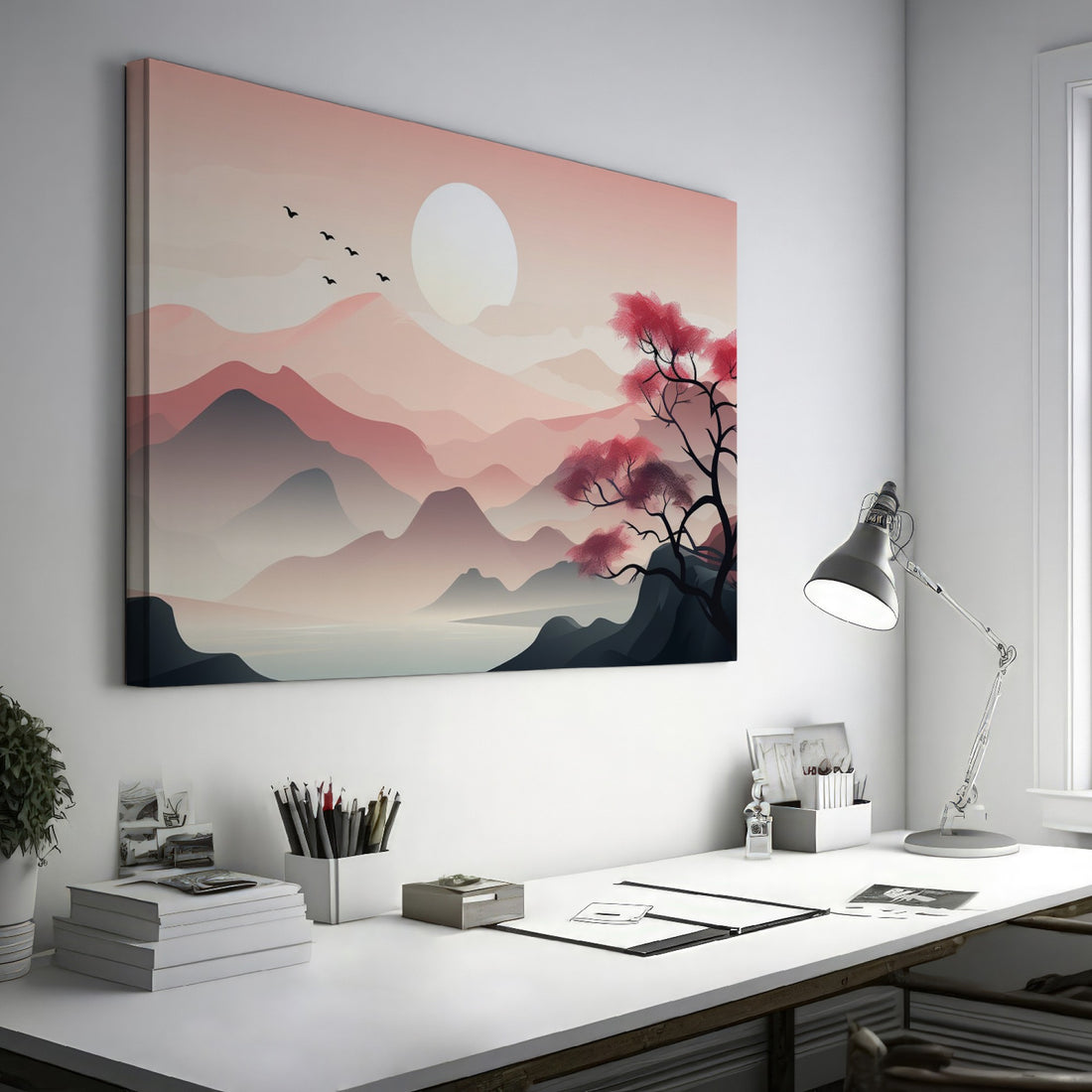 Framed canvas print of a tranquil pink sunrise over mountains with a reflective lake and silhouette of a tree