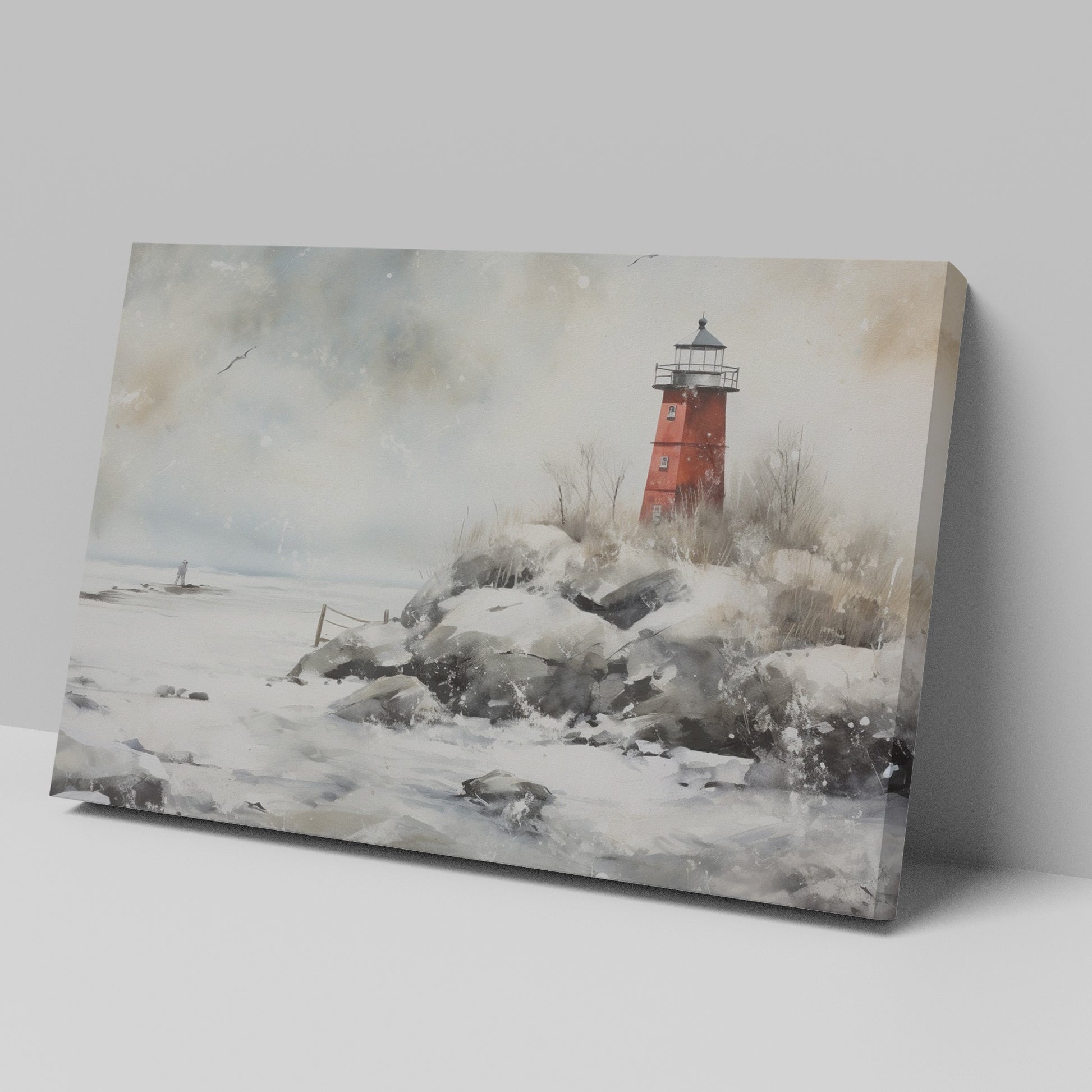 A red lighthouse on a snowy coastline with a figure at a distance and seagulls in the wintry sky.