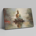 Framed canvas print of a meditative Buddha in warm tones with a reflective water effect