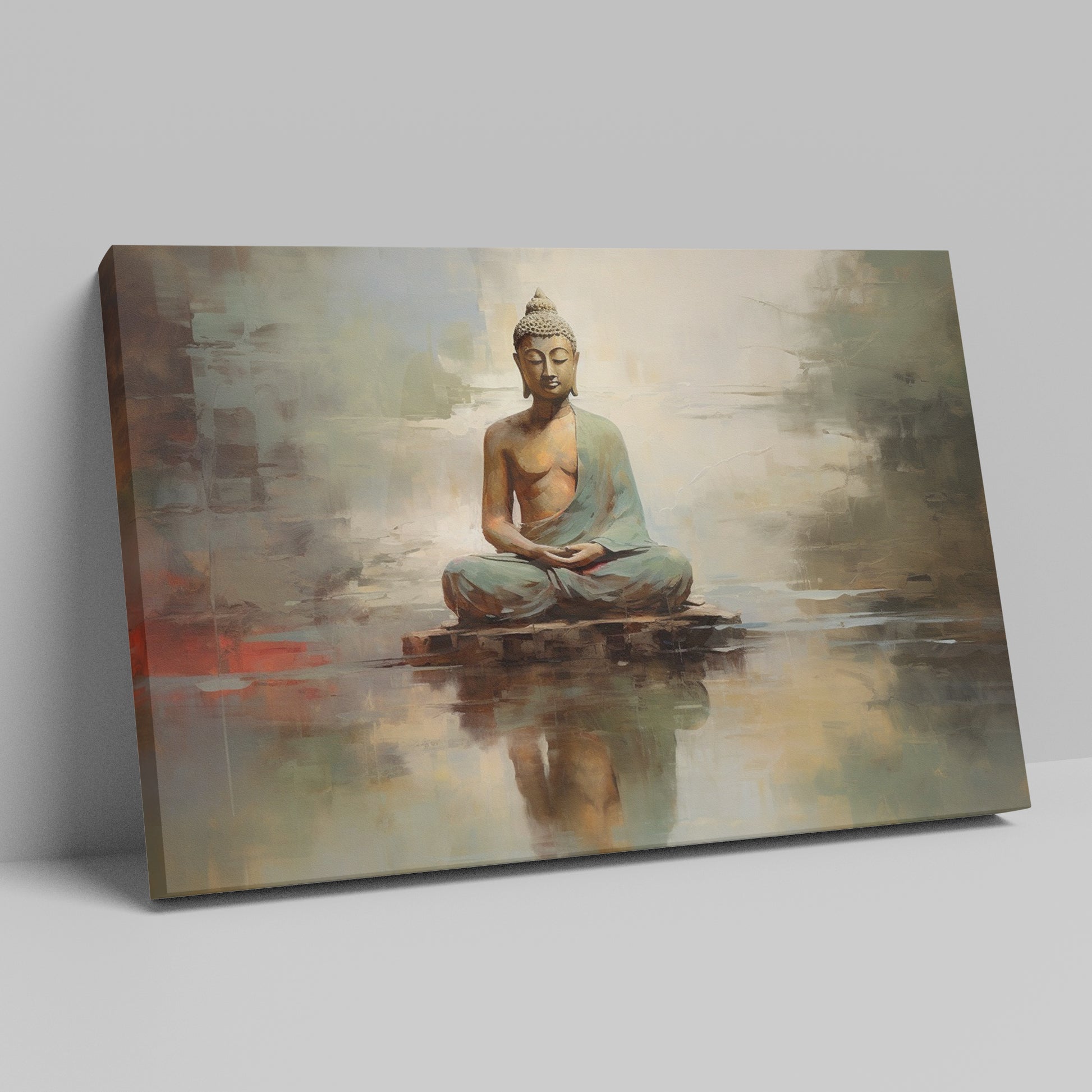 Framed canvas print of a meditative Buddha in warm tones with a reflective water effect