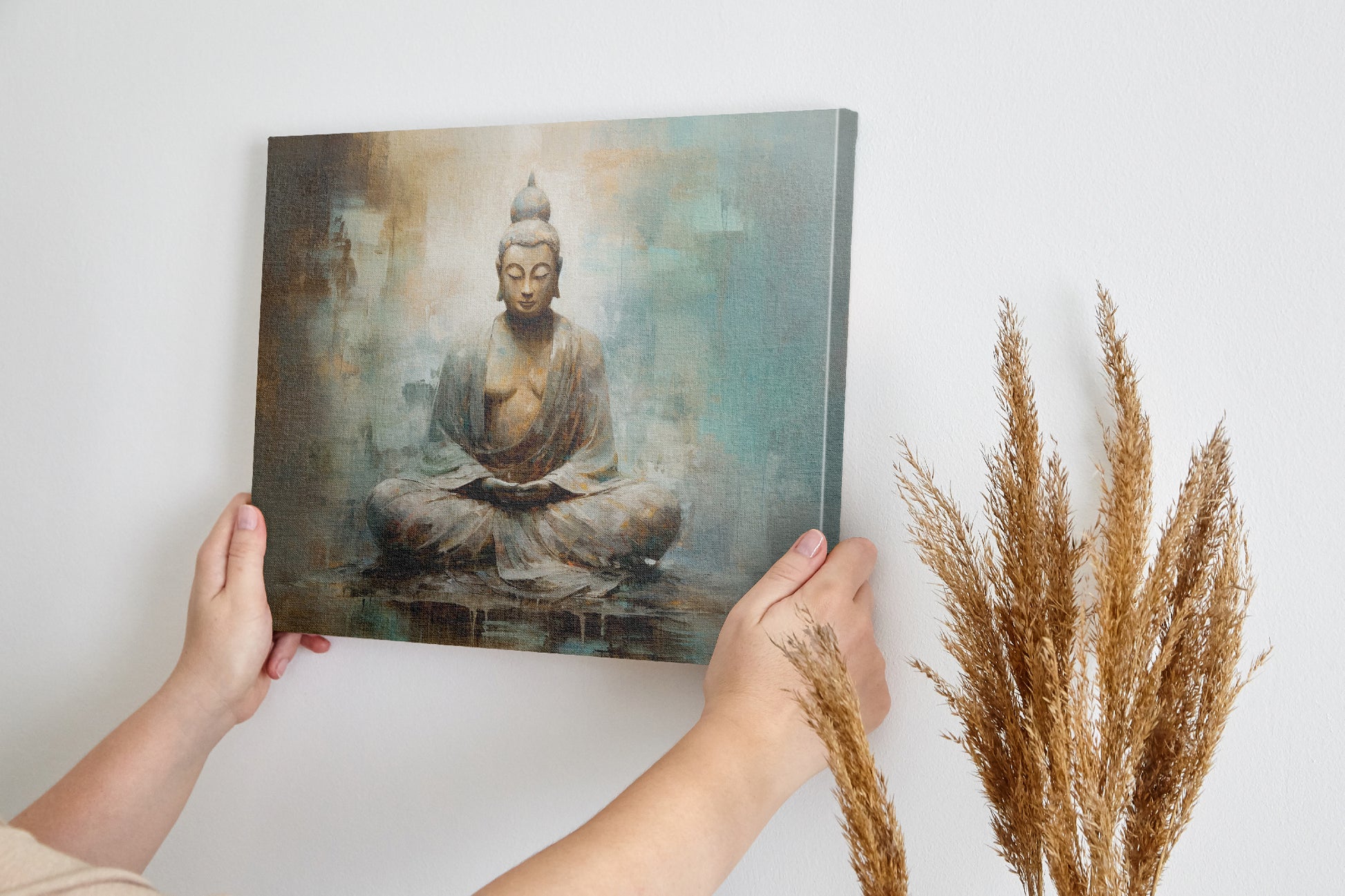 Framed canvas print of a meditative Buddha in abstract earthy tones