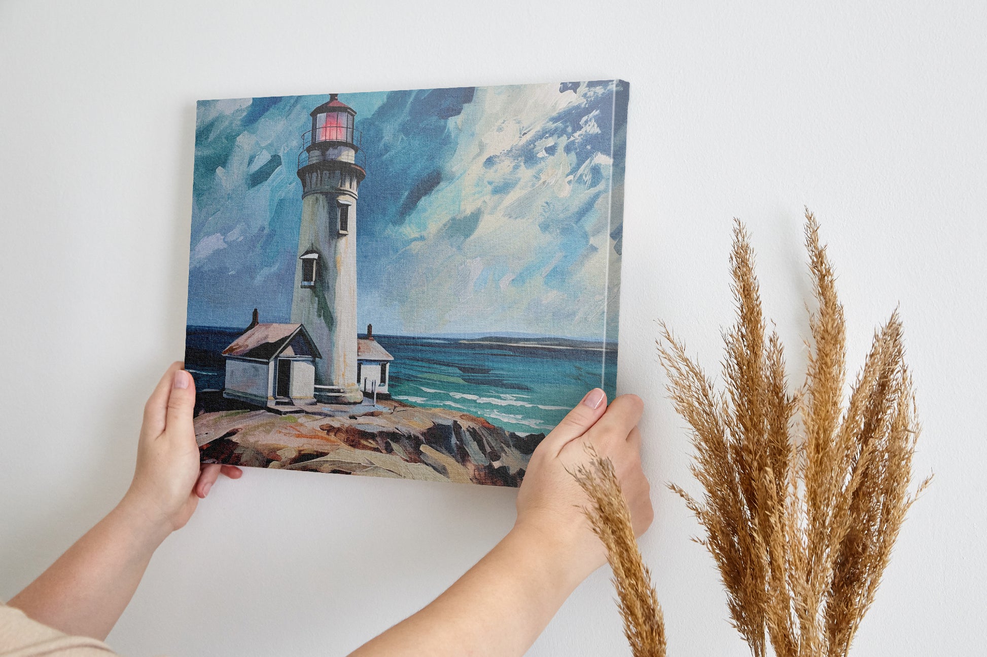 Framed canvas print of lighthouse on coastal rocks with dynamic sea and sky