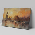 Framed canvas print of an impressionist painting featuring the London skyline with Big Ben at sunset