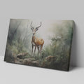 Framed canvas print of a majestic stag in a misty, ethereal forest with earthy tones