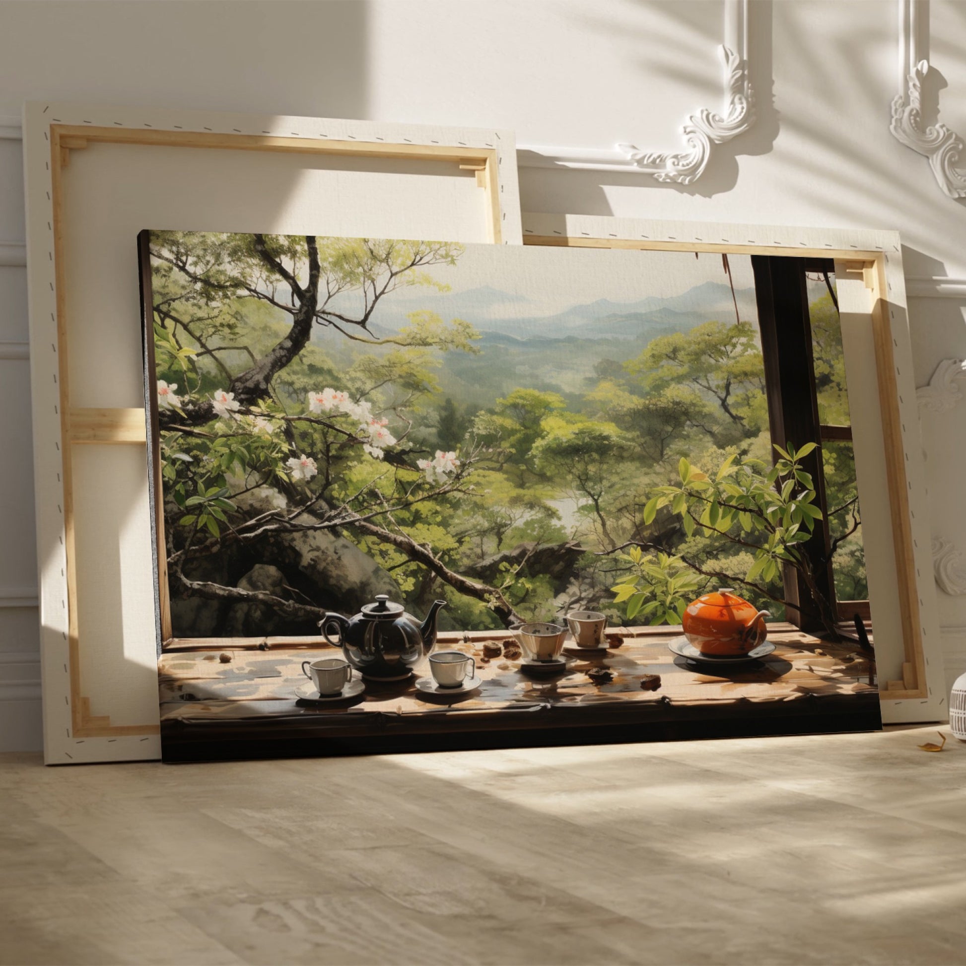 Framed canvas print of a serene Japanese tea garden view with cherry blossoms and mountains