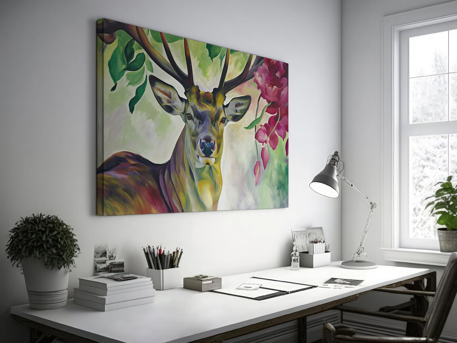 Framed canvas print of a vibrant stag with colourful floral surroundings