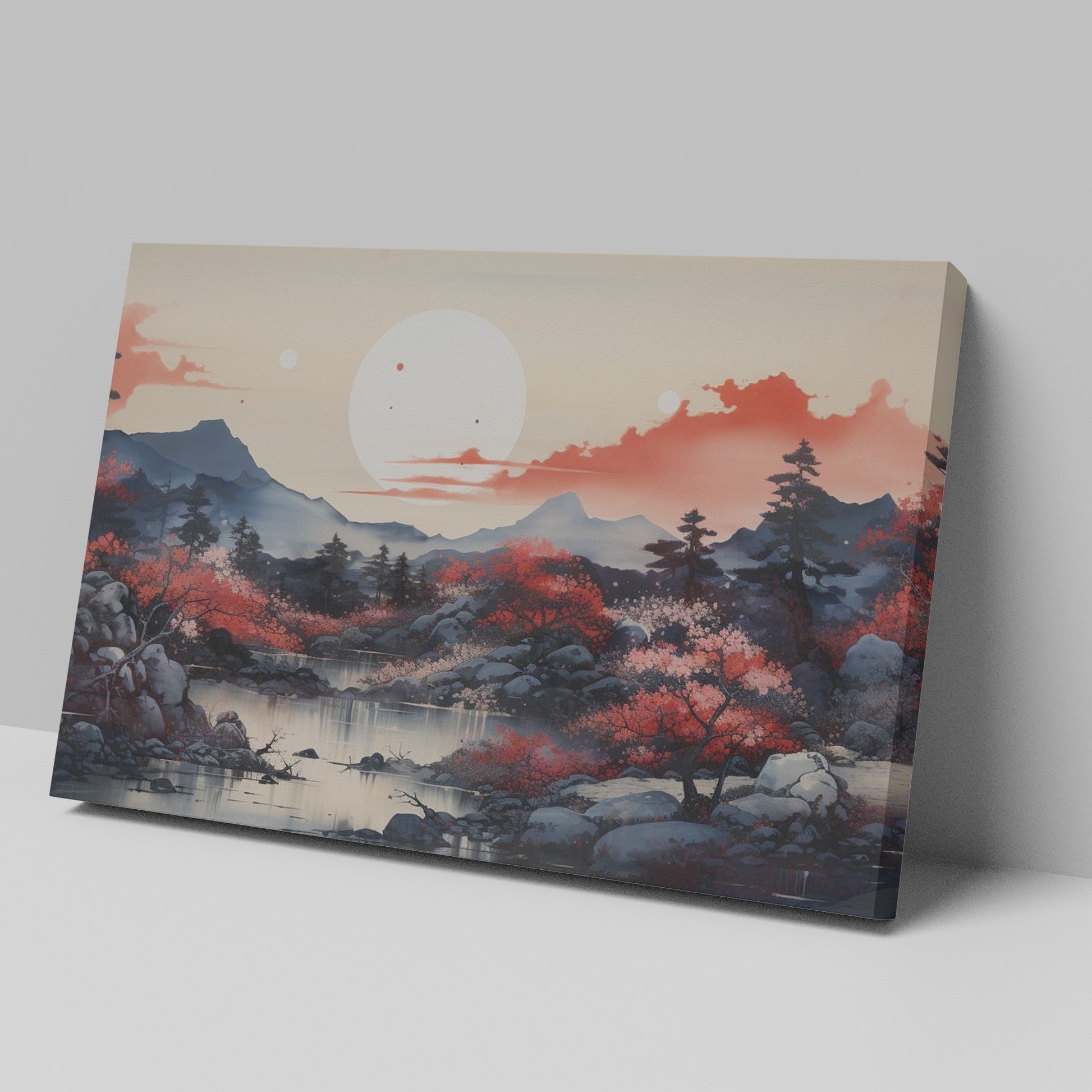 Framed canvas print of oriental autumn landscape with red sakura trees and mountain view