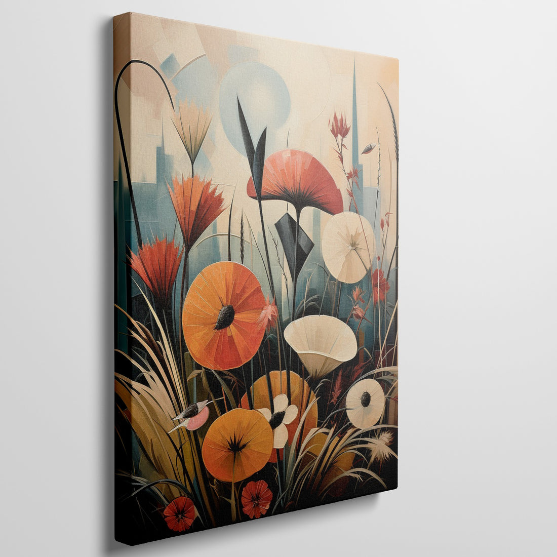 Framed canvas print of stylized poppies with a modern geometric cityscape background