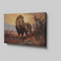 Framed canvas print of a majestic lion in an African savannah sunset