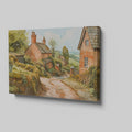 Framed canvas print of a charming English village scene with watercolour cottages in a rustic countryside setting