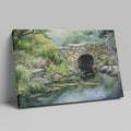 Framed canvas print of a serene watercolor painting of a rustic stone bridge over a calm pond with water lilies