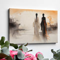 Framed canvas print of silhouette figures in traditional Asian attire with warm sunset backdrop in watercolor style