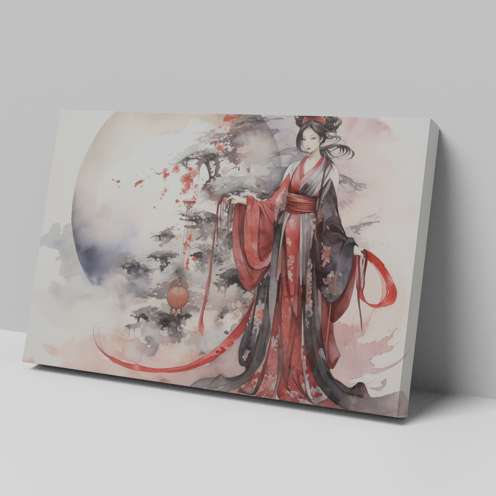 Framed canvas print of an Elegant Geisha in traditional Japanese attire with a sakura blossom and moon backdrop